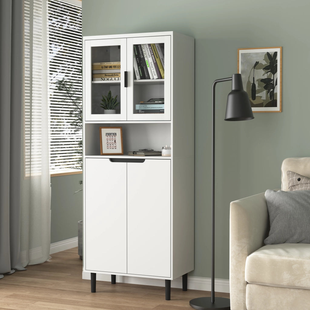 Libreria Alta con 4 Ante e Ripiani Regolabili; Ante in Vetro Temperato; Stile Moderno; in MDF Laccato; Bianco