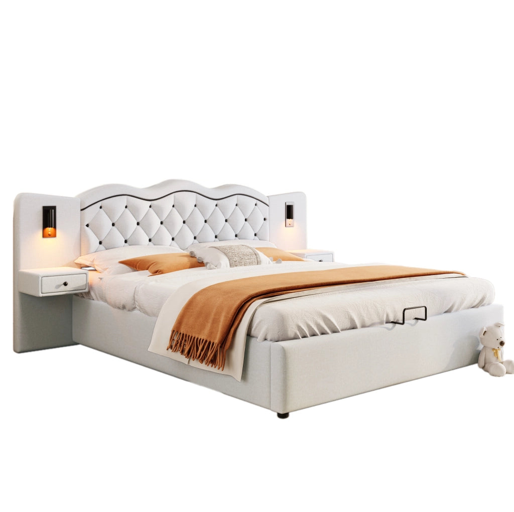 Letto matrimoniale 180x200 cm imbottito con contenitore; USB e luci; beige