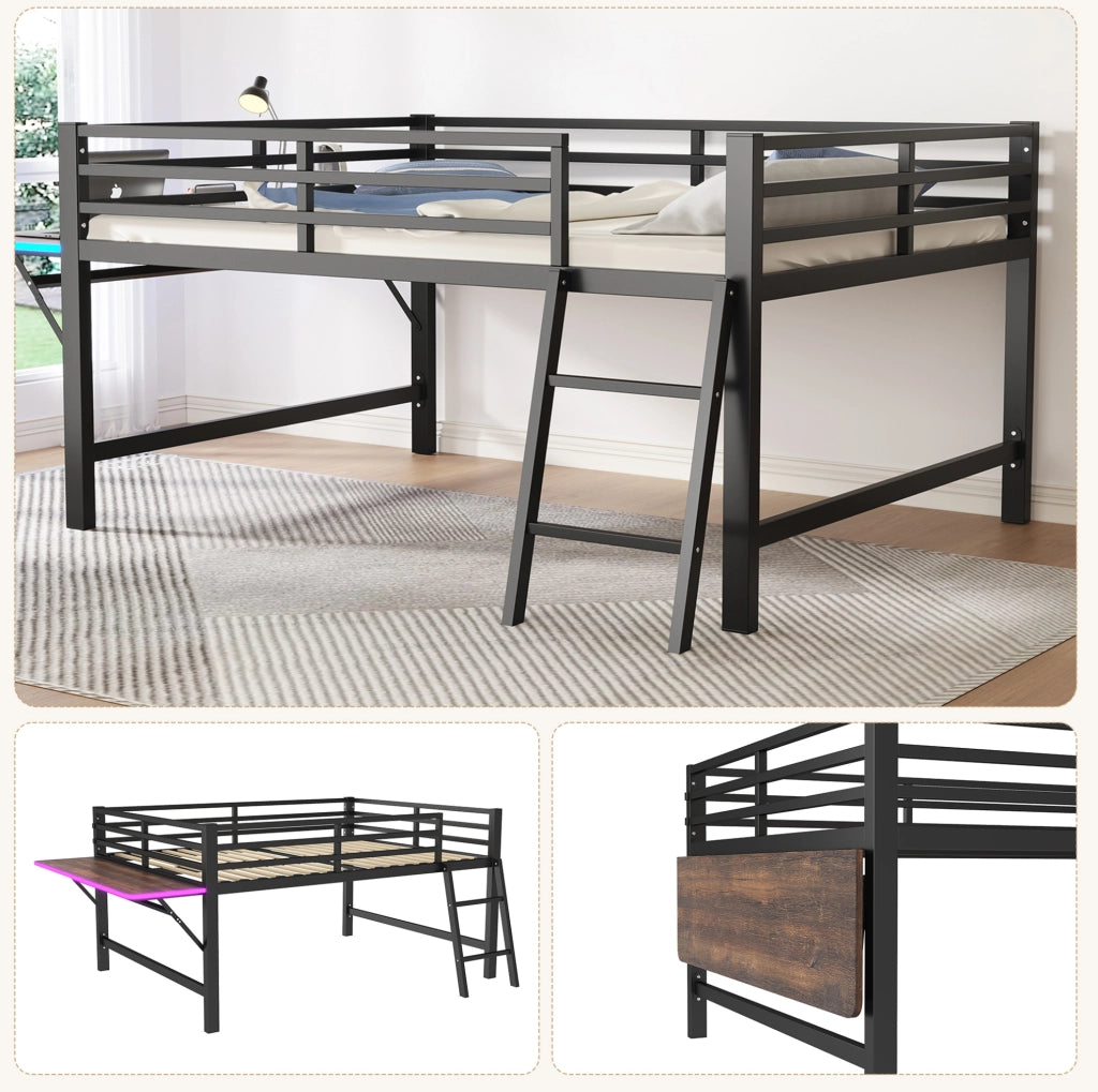 Letto in metallo 140 x 200 cm con scrivania pieghevole e luce LED, nero