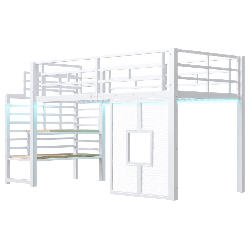 Letto a soppalco 90x200 cm con scala contenitore, LED e finestre
