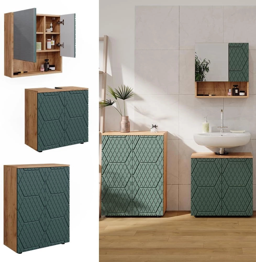 Set mobili bagno Irma, Quercia verde/oro, 3 parti, con unità di base 60 cm, composto da mobile sottolavabo, specchiera e mobile medio