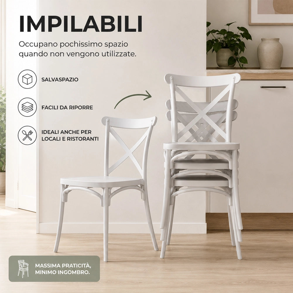 Set 4 Sedie da Pranzo Impilabili in Polipropilene Modello Chiavarina 43x60x89 cm