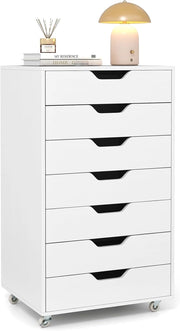 Cassettiera da Ufficio con 7 Cassetti, Mobiletto per Documenti con 4 Ruote Girevoli, Cassettiera da Scrivania in Legno per Ufficio e Soggiorno, 49 x 40 x 87 cm (Bianco Noce)