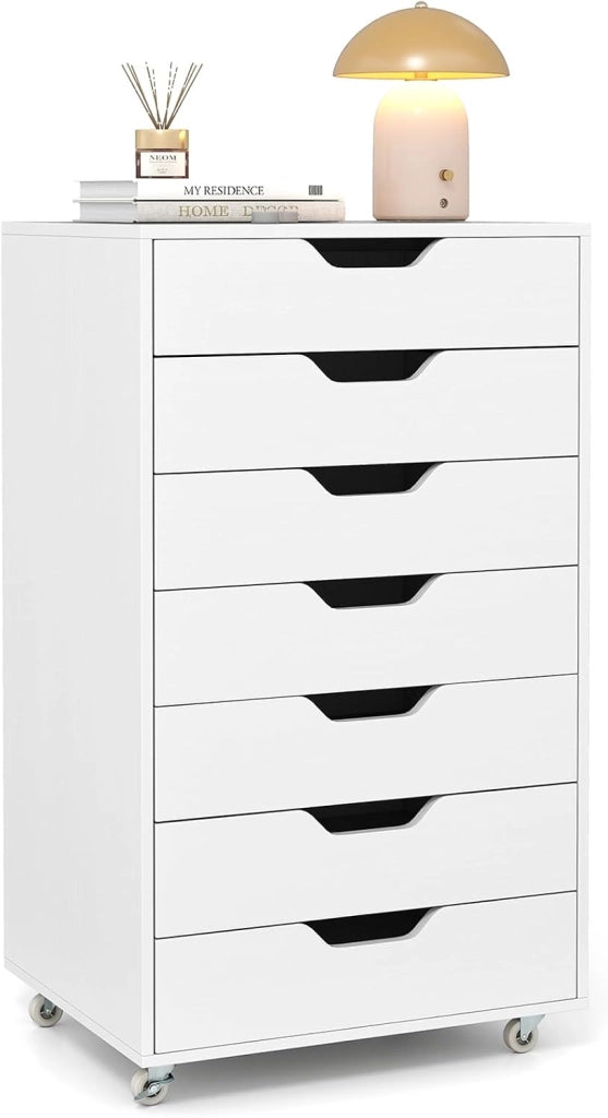 Cassettiera da Ufficio con 7 Cassetti, Mobiletto per Documenti con 4 Ruote Girevoli, Cassettiera da Scrivania in Legno per Ufficio e Soggiorno, 49 x 40 x 87 cm (Bianco Noce)