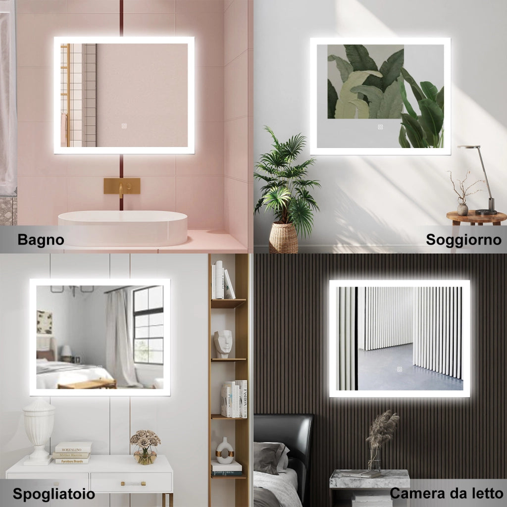 AICA Specchio da bagno  90 x 70 cm, dimmerabile, Funzione Memoria, antiappannamento, 3 colori