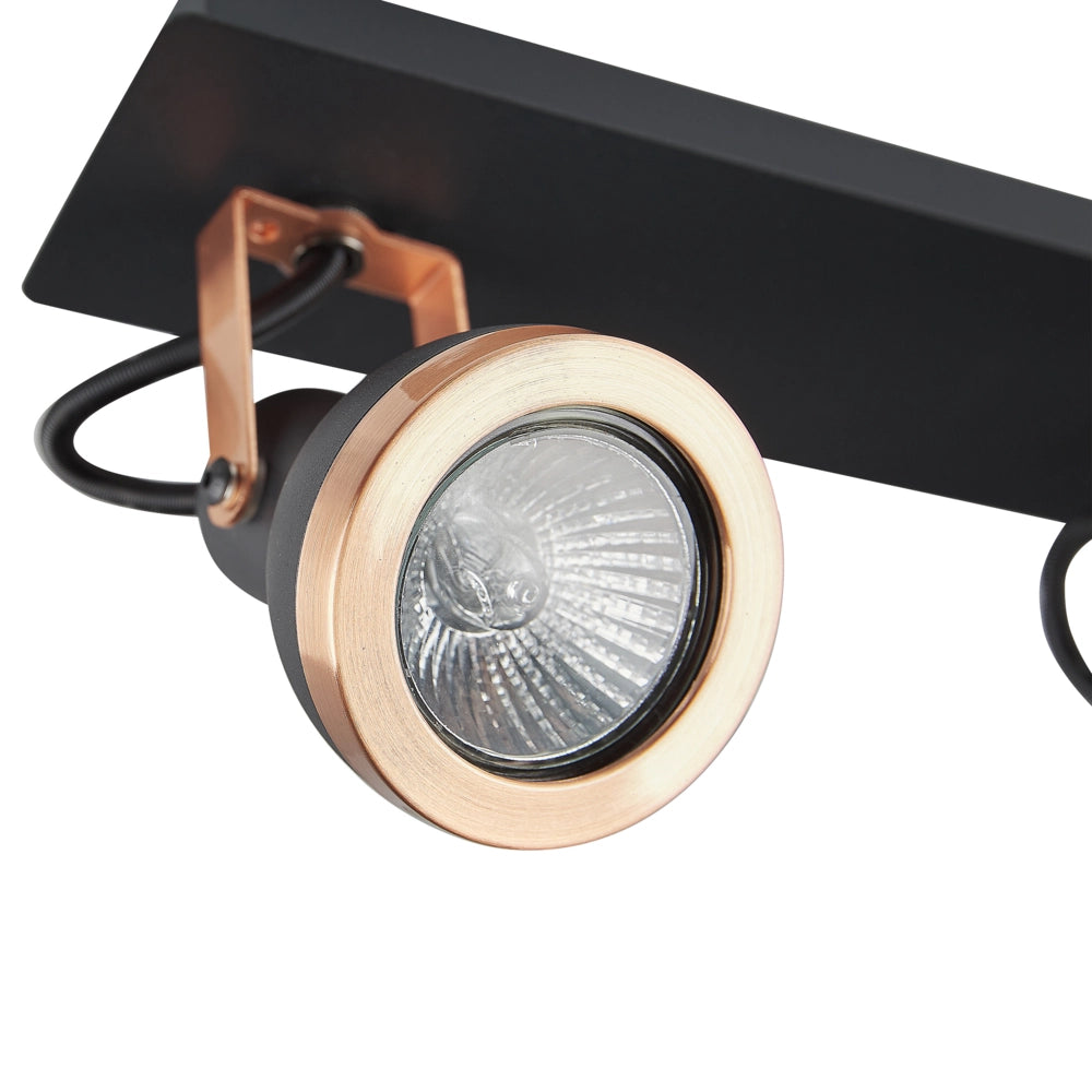 Plafoniera a 3 fuochi con braccio oscillante in metallo nero e rame con paralume a cono faretto design a binario rettangolare