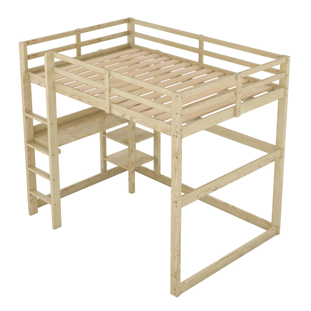 Letto a soppalco matrimoniale 140×200 cm con scrivania e 4 ripiani; senza materasso; pino; naturale
