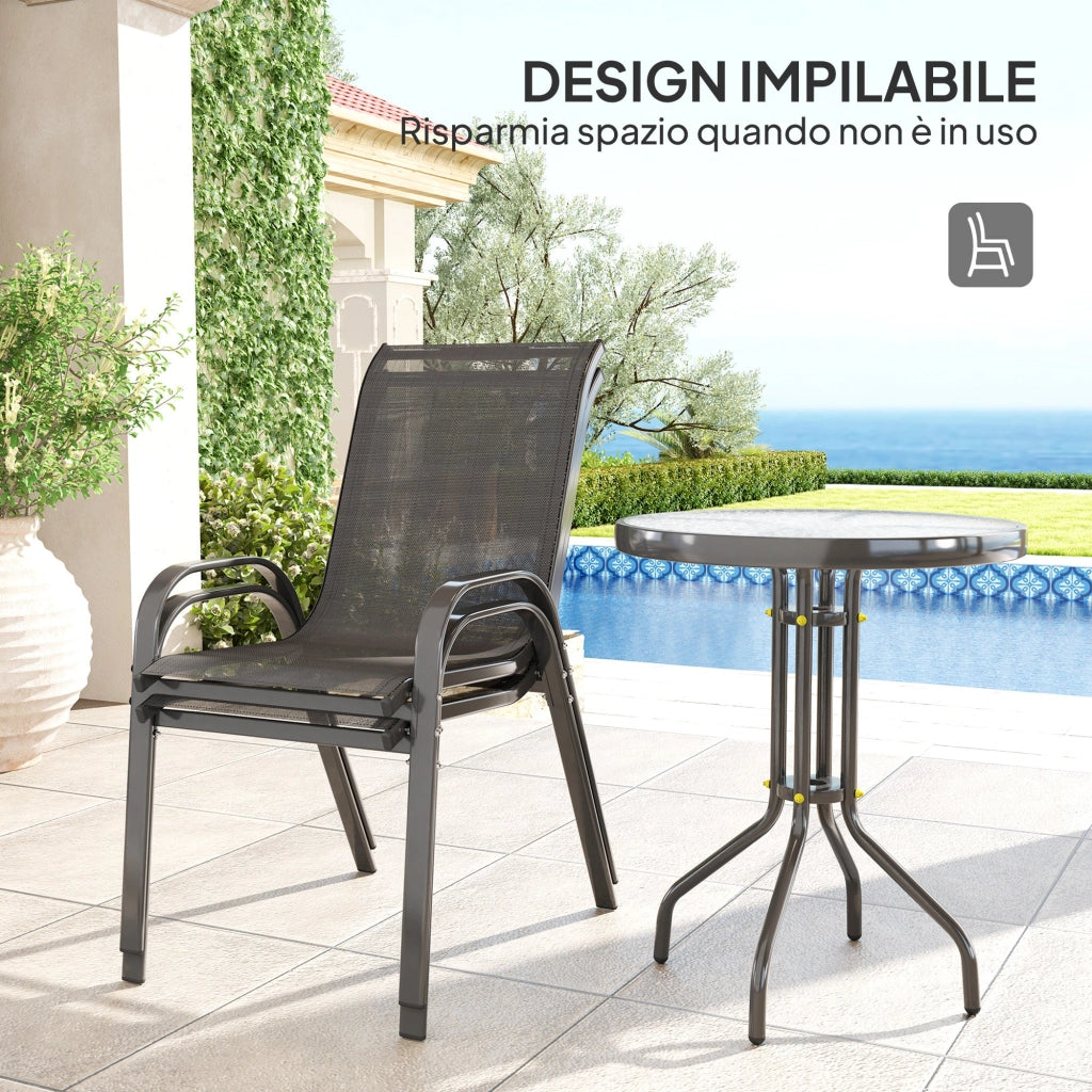 Set Salotto da Giardino 3 Pezzi con 2 Sedie e Tavolino Rotondo in Acciaio Nero