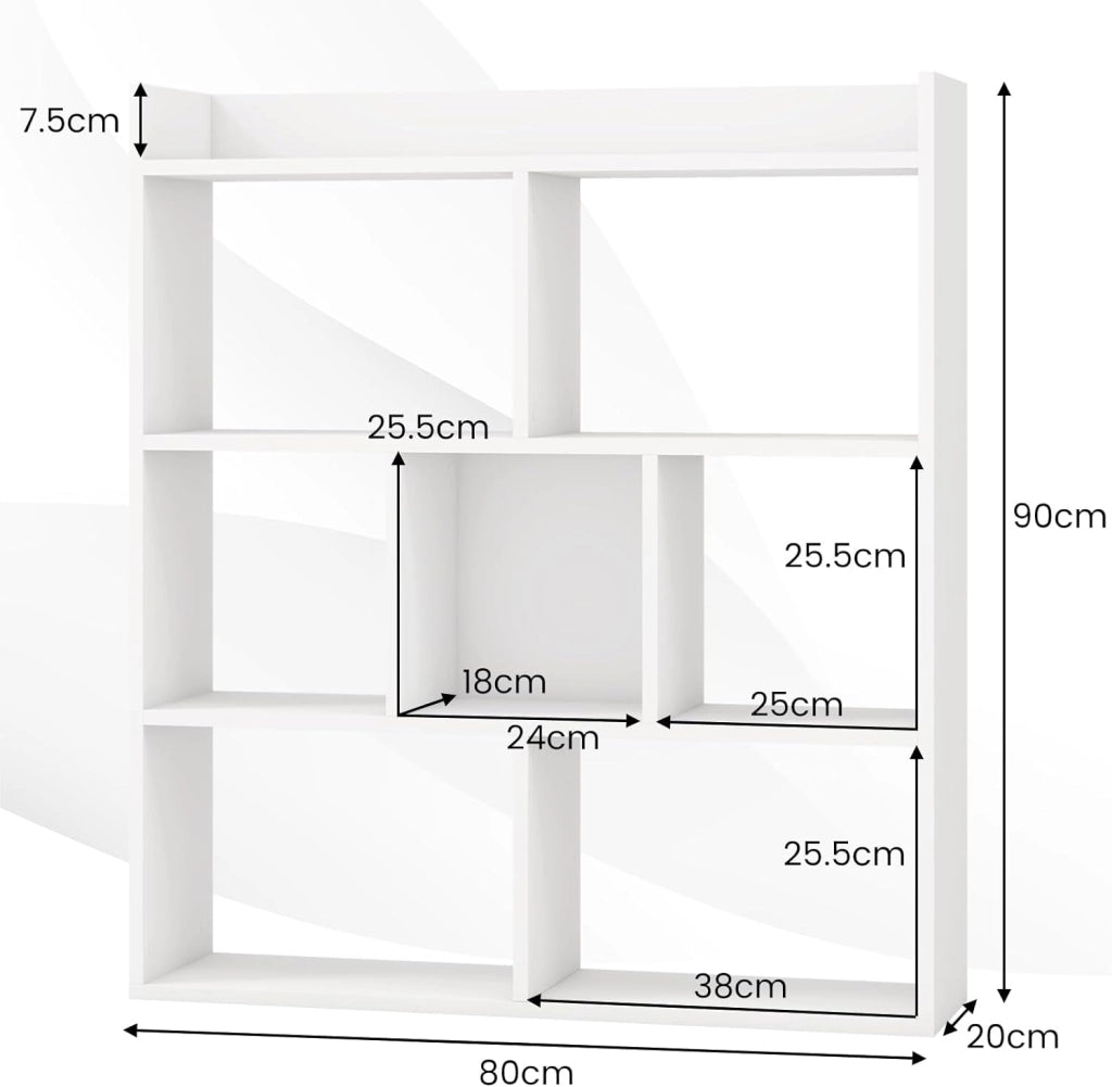 Libreria, scaffale con 7 cubi, divisorio con protezioni antiribaltamento, mensola cubo per camera da letto, ufficio, soggiorno, 80 x 20 x 90 cm (bianco)