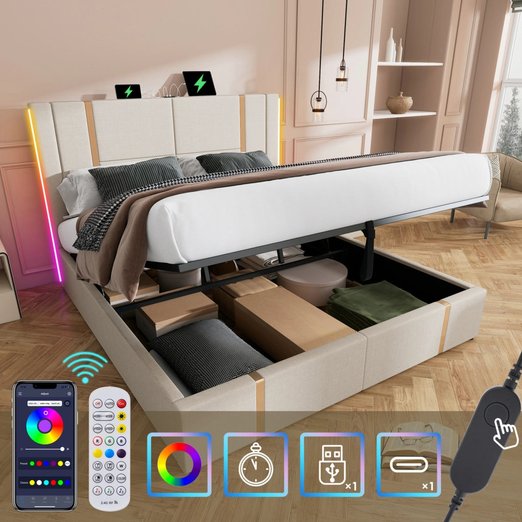 Letto imbottito 160x200 cm beige con LED RGB, USB-C e contenitore