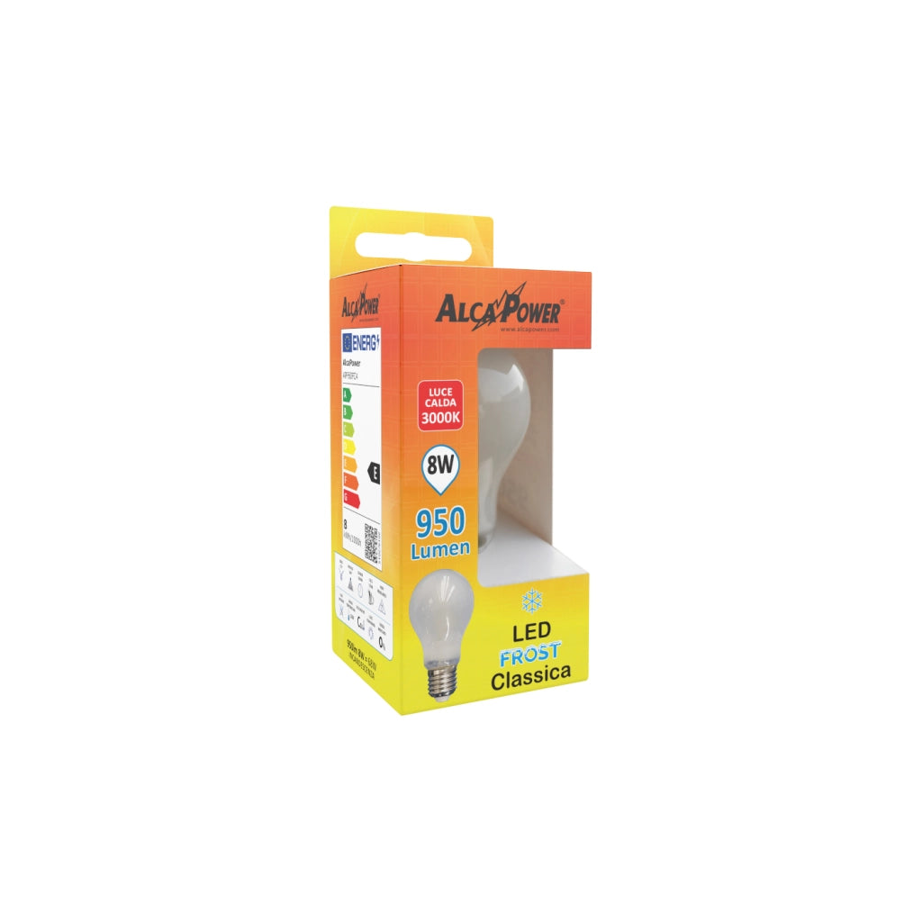 Alcapower Lampadina LED Classica A60 Vetro Frost 8W E27 950lm 3000K Luce Calda Diffusa a 360 Gradi ad Alta Efficienza Energetica Classe E