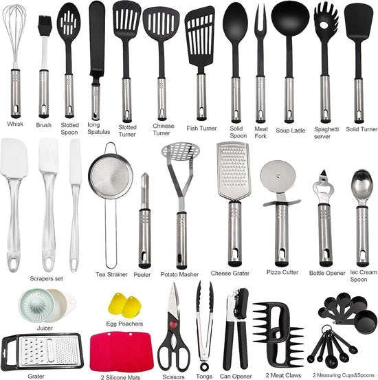 Set di accessori da cucina 43 pezzi - accessori da cucina - acciaio inossidabile e nylon - resistente al calore - utensili da cucina - per la casa - cucchiaio pinza guantone spatola - spatola.