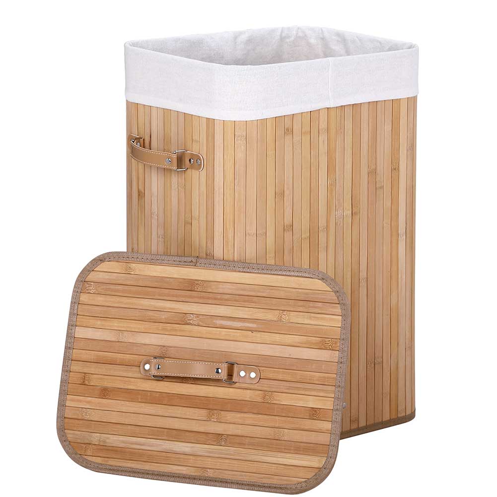 Cesto Biancheria Sporca Pieghevole in Bambu e Tessuto Portabiancheria con Manici