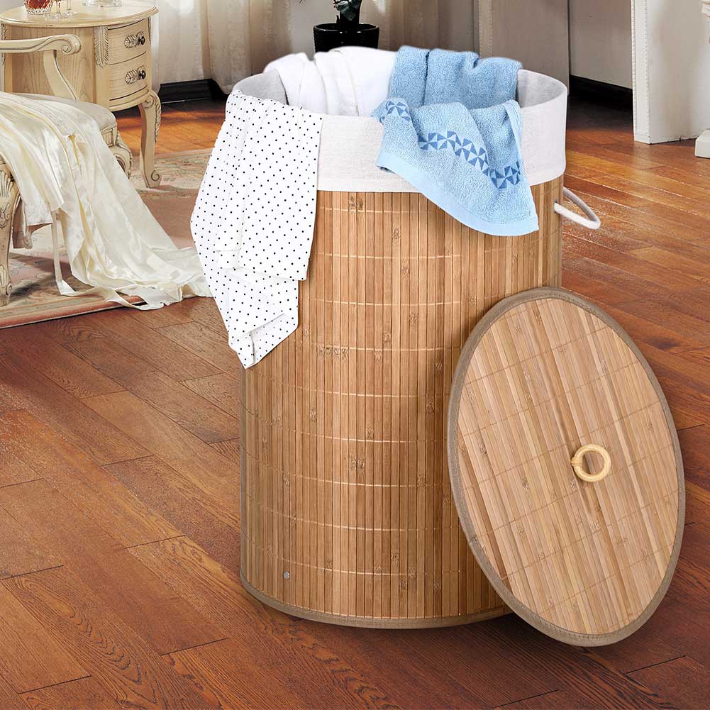 Cesto Biancheria Sporca Pieghevole in Bambu e Tessuto Portabiancheria con Manici