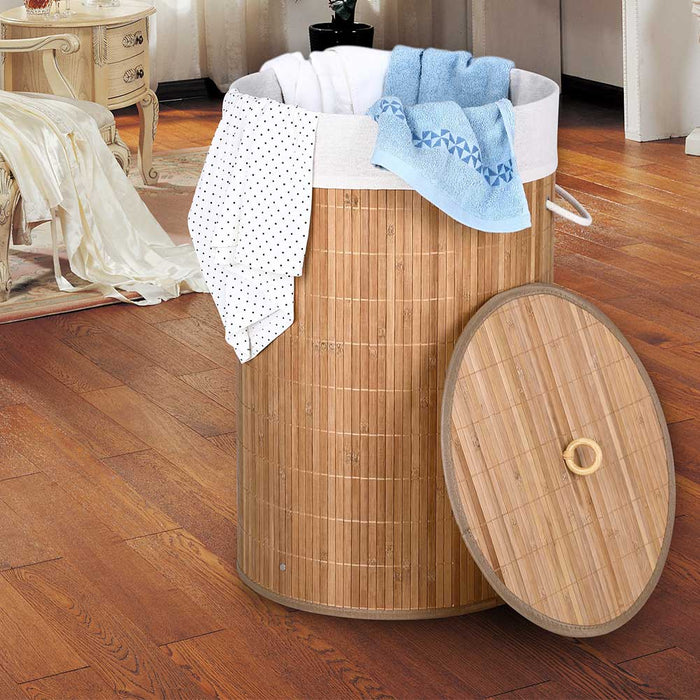 Cesto Biancheria Sporca Pieghevole in Bambu e Tessuto Portabiancheria con Manici