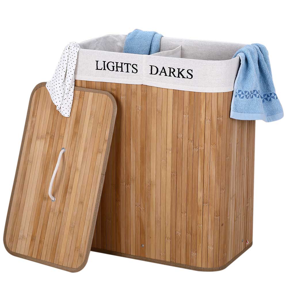 Cesto Biancheria Sporca 2 Scomparti Portabiancheria Pieghevole in Bambu Tessuto