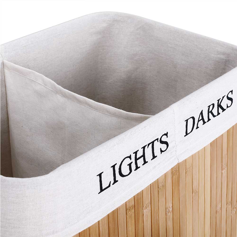 Cesto Biancheria Sporca 2 Scomparti Portabiancheria Pieghevole in Bambu Tessuto