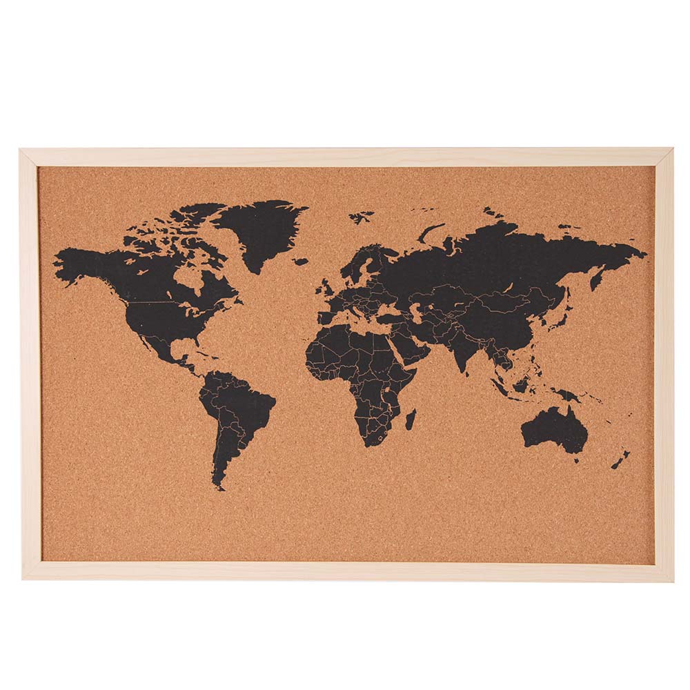 Pannello Bacheca Mappamondo Globo in Sughero Con Cornice 60x40cm + 10 Puntine