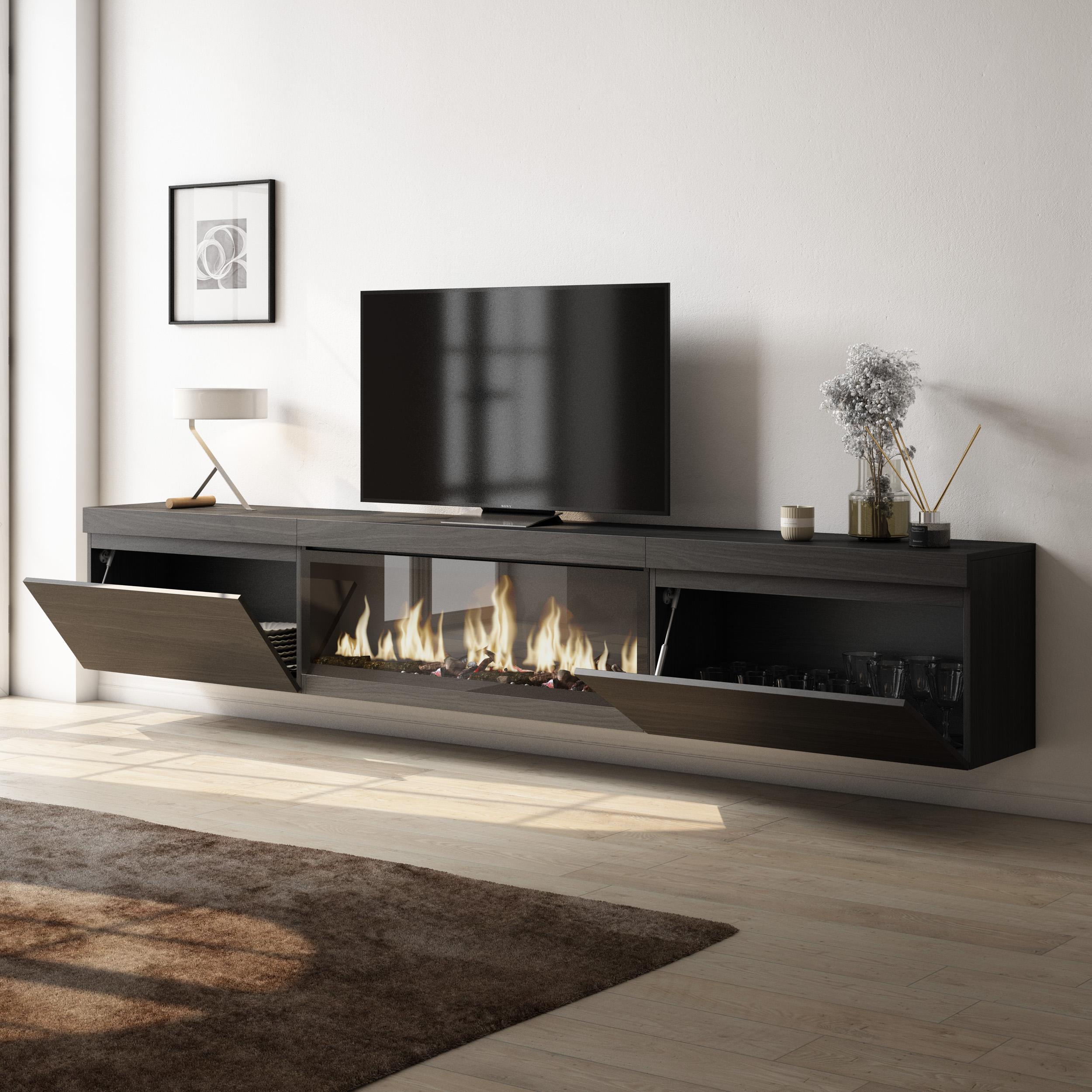 Mobile TV Soggiorno, 267x35x45cm, TV di grande formato, Camino elettrico XXL, da appendere, Nero RF3602