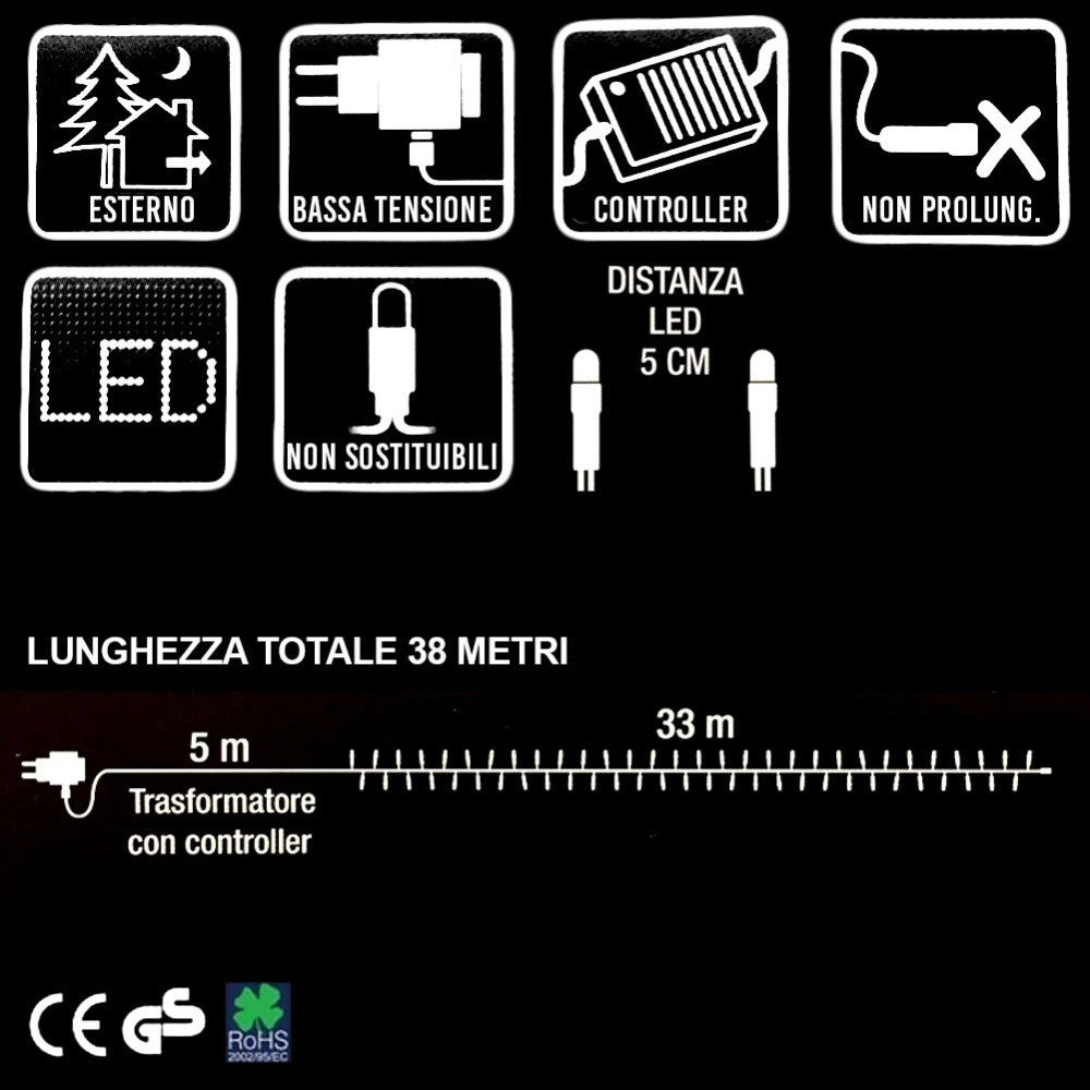 Trade Shop - Catena Luminosa 660 Luci Led Lucciole Bianco Caldo Con Controller 8 Funzioni -