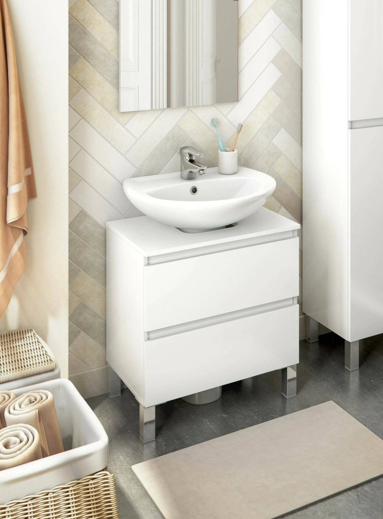 Mobile sottolavabo Avola, Mobiletto da bagno, Contenitore porta lavabo, Armadio per lavandino, 60x40 h64 cm, Bianco lucido