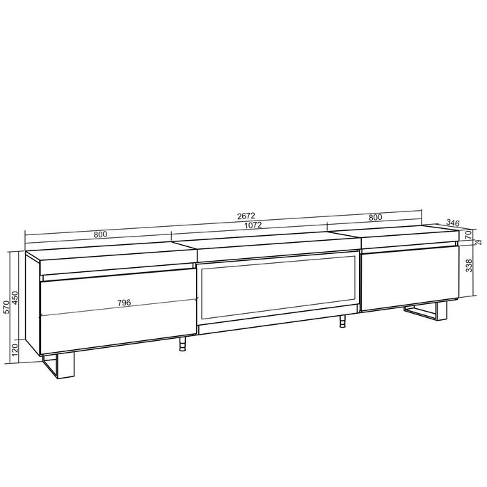 Mobile TV Soggiorno, 267x35x57cm, TV di grande formato, Camino elettrico XXL, Design industriale, grigio cemento RF3605
