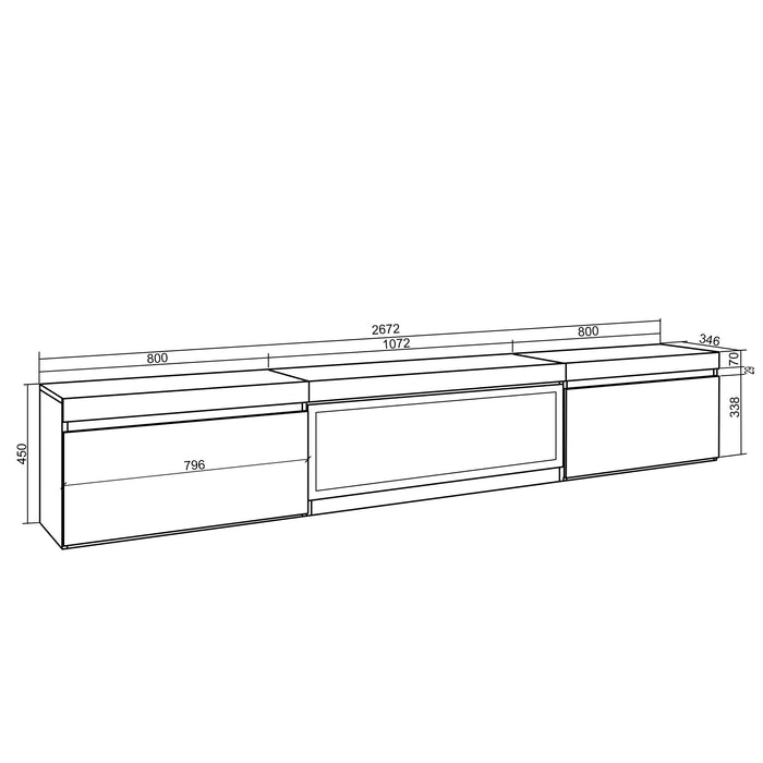 Mobile TV Soggiorno, 267x35x45cm, TV di grande formato, Camino elettrico XXL, da appendere, grigio cemento RF3606