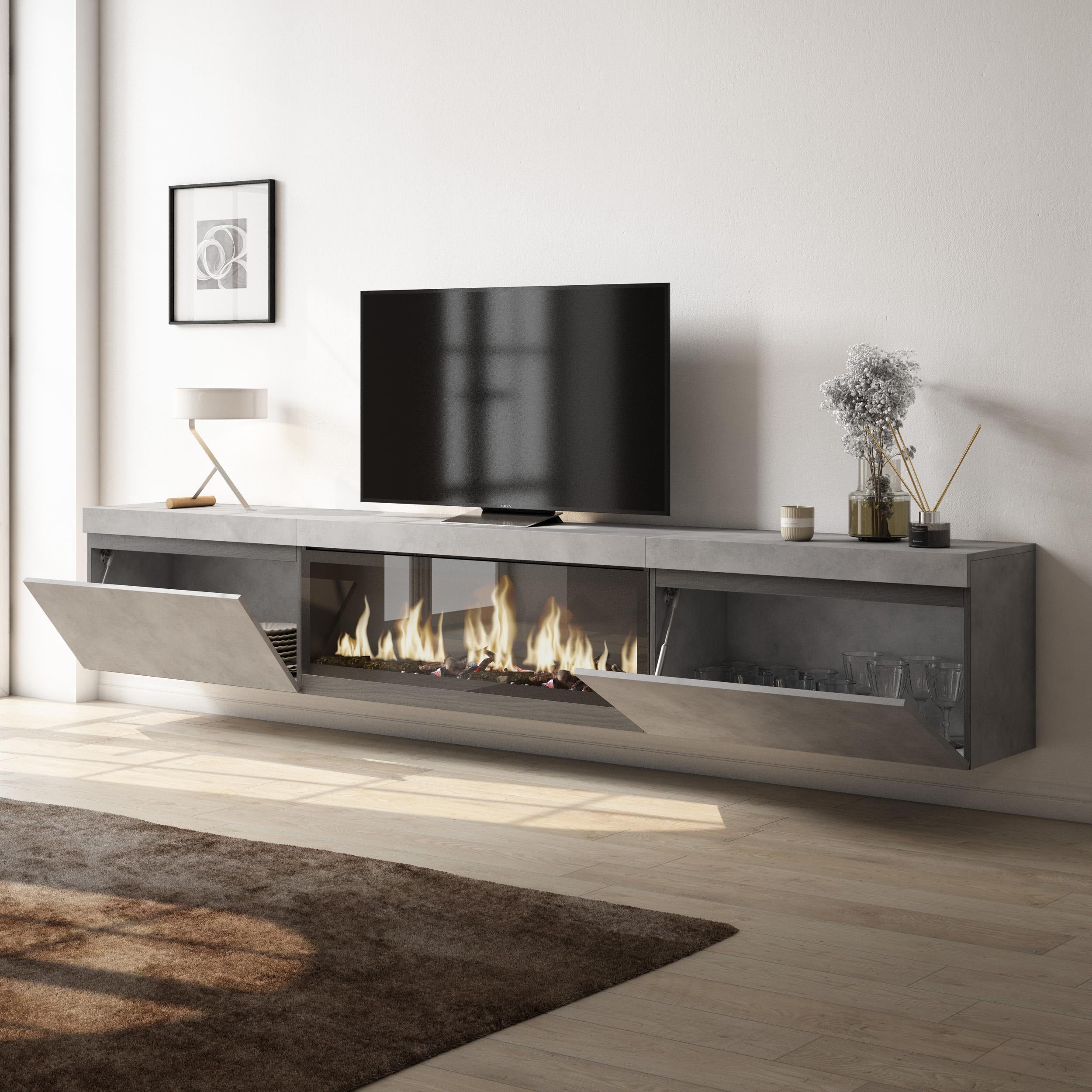 Mobile TV Soggiorno, 267x35x45cm, TV di grande formato, Camino elettrico XXL, da appendere, grigio cemento RF3606