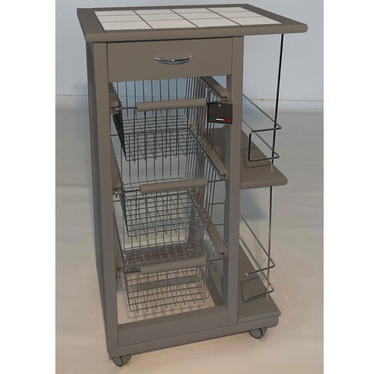 Carrello Cucina Salvaspazio in Legno di Faggio con Cassetto E Cesti Contenitori Portabottiglie Vino 4 Ruote Gire Tortora