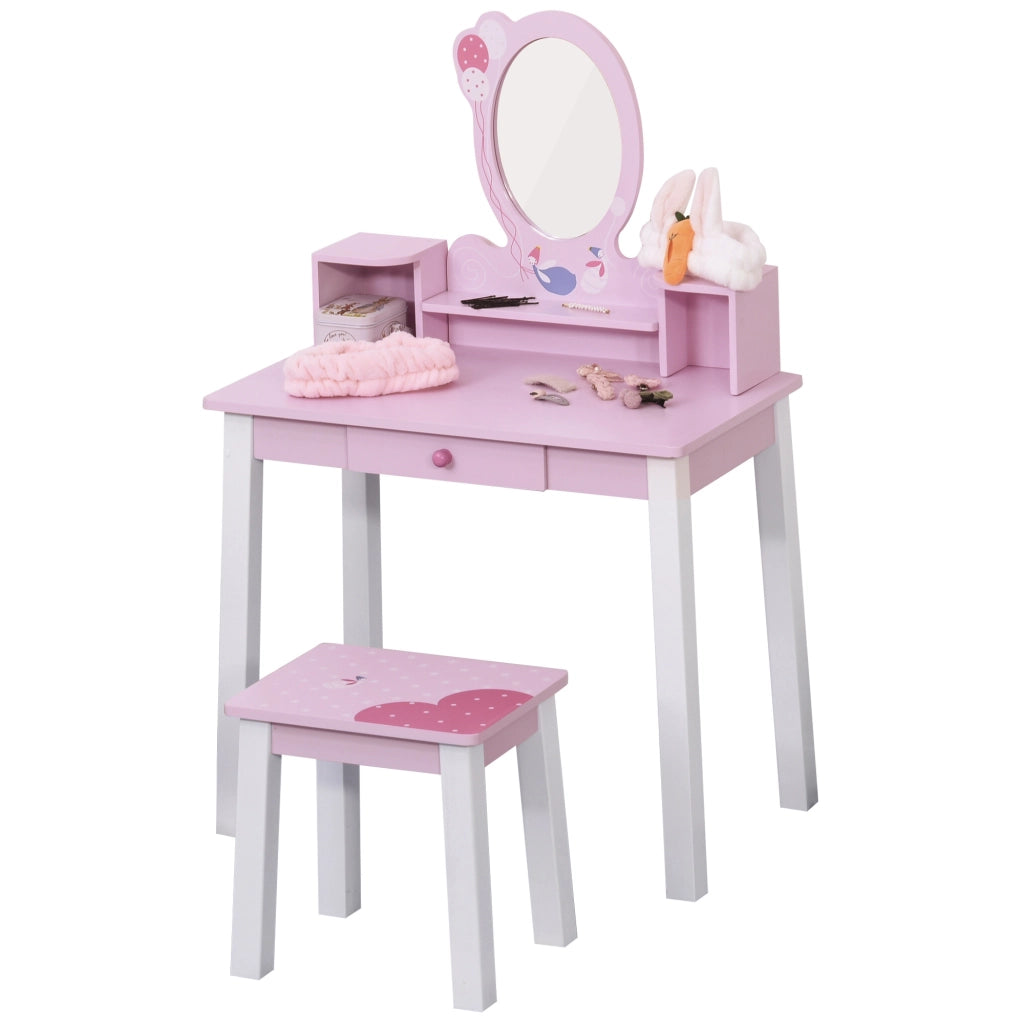 Tocador Principessa con Specchio e Sgabello per Bambine ¨C zephmum ¨C Legno Rosa 60x34x93 cm