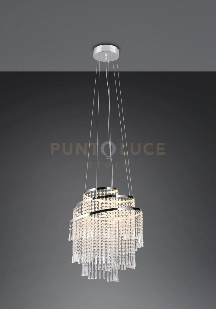 POMP SOSPENSIONE GRANDE LED  38W 5500lm, 2700 - 6500K METALLO CROMATO E PENDENTI CON TELECOMANDO MULTIFUNZIONE D. 48CM DIMMERABILE
