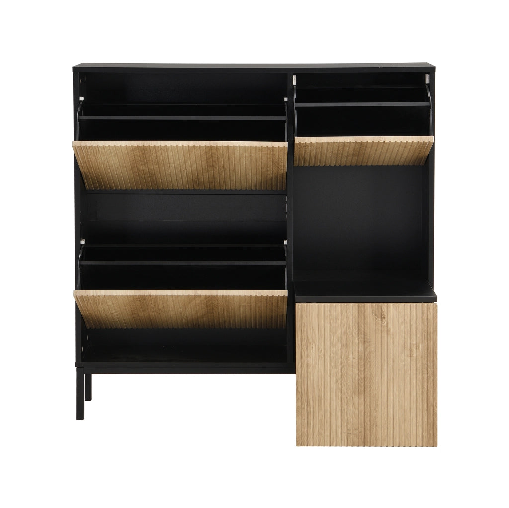 Scarpiera con panca estraibile; 100x100x25 cm; MDF; nero e naturale