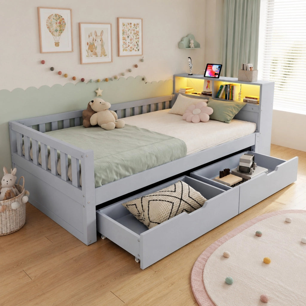Letto singolo 90×200 cm con cassetti; ripiani; LED; presa USB e Type-C; rete; senza materasso; legno; grigio