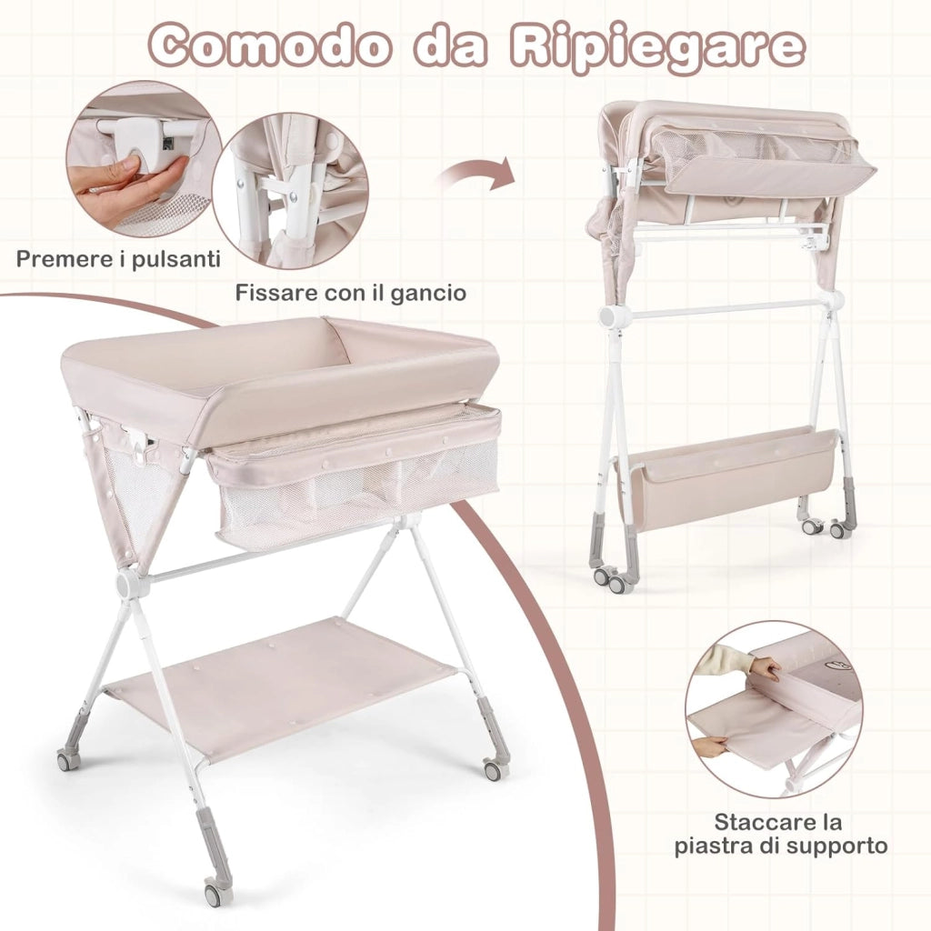 Fasciatoio Pieghevole per Bambini, Fasciatoio Portatile con Altezza Regolabile a 3 Livelli, Fasciatoio Neonato con Ruote di Bloccabili, Ripiano, Porta Asciugamani, per 0-12 Mesi (Beige)