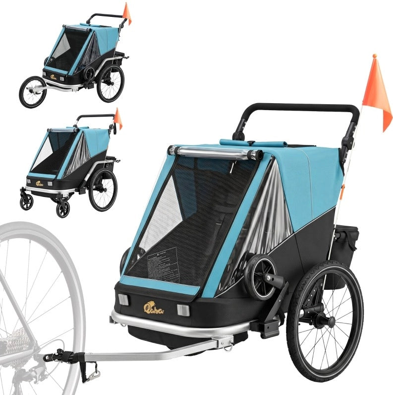 Rimorchio bici per bambini 2 posti 2 in 1 pieghevole blu