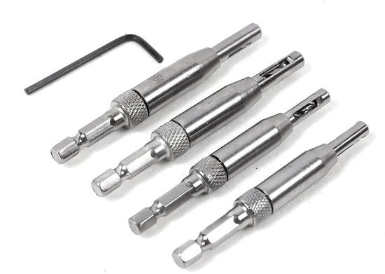 Kit di punteria a cardano da 4 pezzi - punteria HSS - punteria autoalimentante - per legno - 5/64 a 11/64 pollici - materiale di alta qualità - set di punteria
