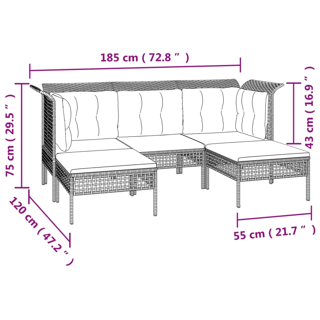 Set Divani da Giardino 5 pz | Set Salotto da Giardino con Cuscini in Polyrattan Grigio