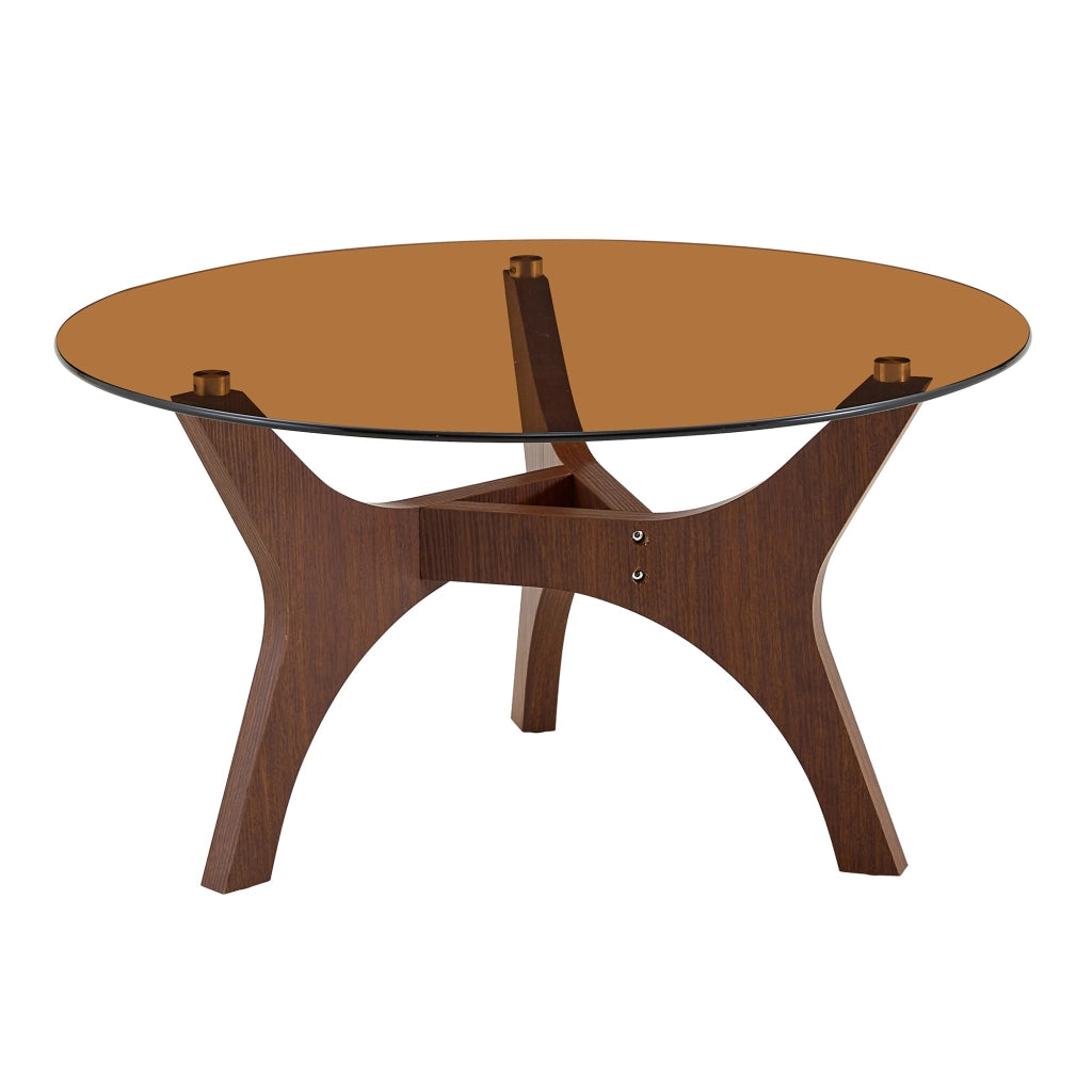 Tavolino basso rotondo con piano in vetro ambrato e struttura in legno, per soggiorno, bordi arrotondati, 80 cm di diametro