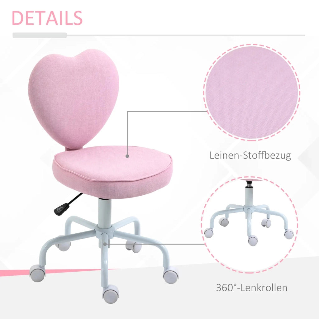Sedia da ufficio con schienale a cuore, altezza regolabile e ruote a 360 gradi in schiuma rosa