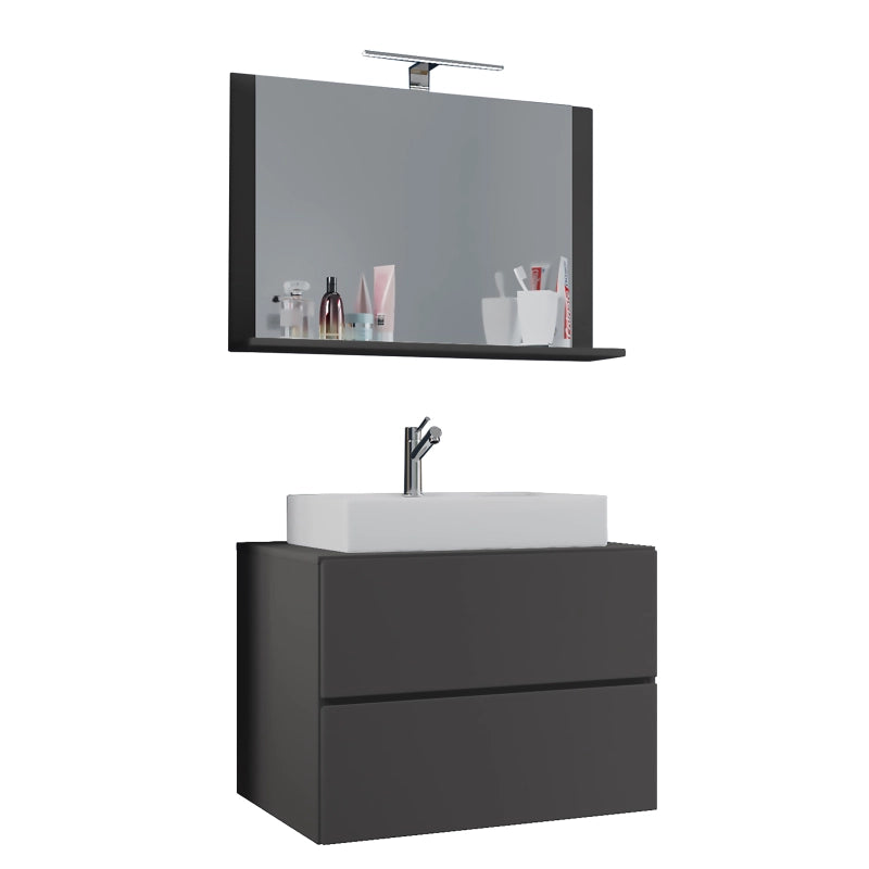 Luce di Ezooza Mobile Sospeso con 2 cassetti Large con lavabo in ceramica di alta qualità e specchio, Antracite , lavabo Bianco