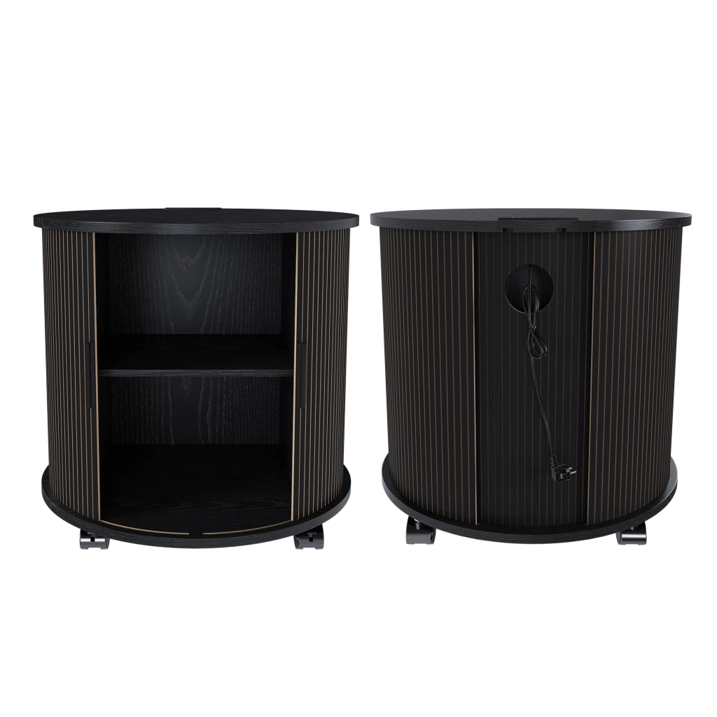 Comodino cilindrico stile mid-century con presa e 2 porte USB, anta scorrevole e vano contenitore, nero, 60 × 60 × 60 cm