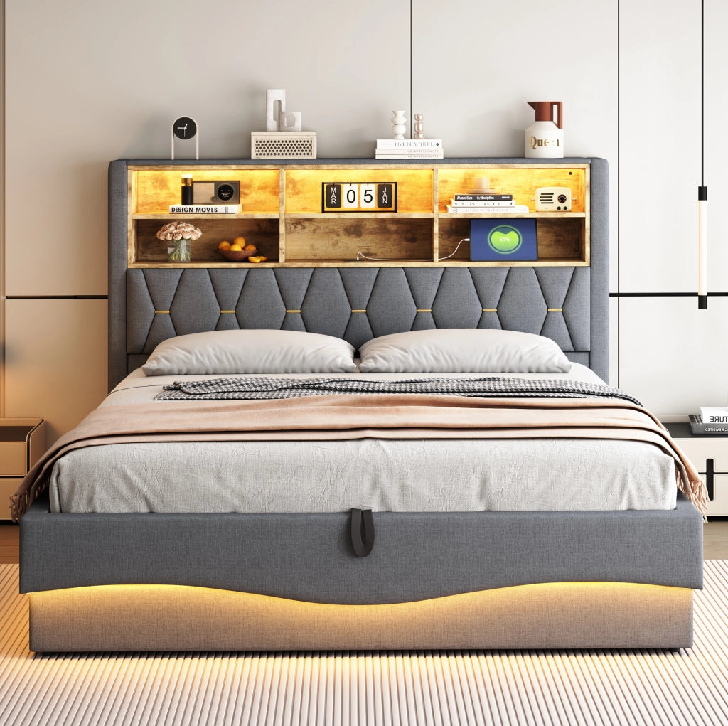 Letto imbottito 180x200 cm con LED, USB e vano contenitore