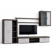 Parete Attrezzata Moderna Con Mobile TV Ante Vetrinetta Mensole E Vani A Giorno Moduli Sospesi Per Soggiorno Salotto 293 X 193 X 50 Cm Ossido E Grigio Cemento