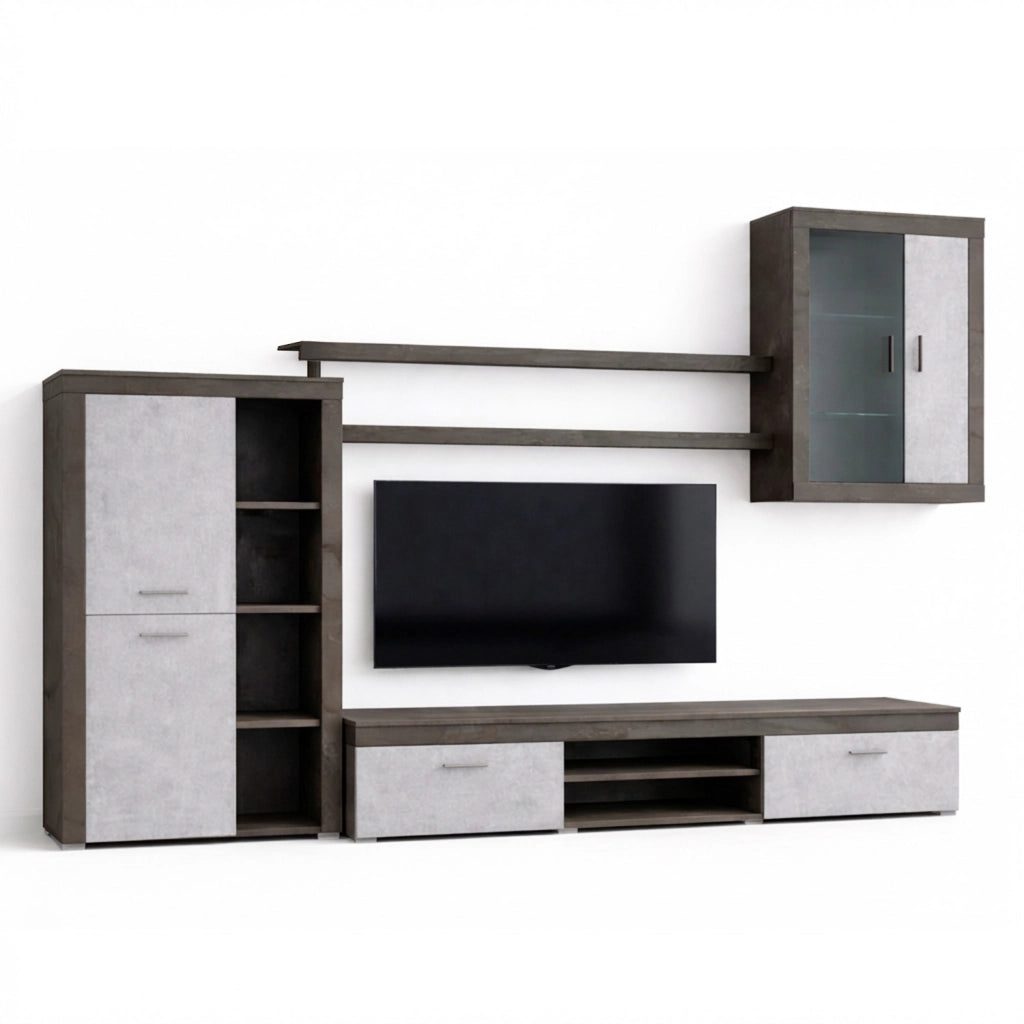Parete Attrezzata Moderna Con Mobile TV Ante Vetrinetta Mensole E Vani A Giorno Moduli Sospesi Per Soggiorno Salotto 293 X 193 X 50 Cm Ossido E Grigio Cemento