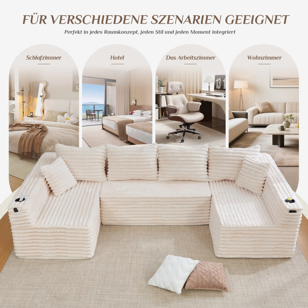 Divano modulare a U con portabicchieri, tasca laterale e cuscini in tessuto cord beige 320 × 155 × 88 cm