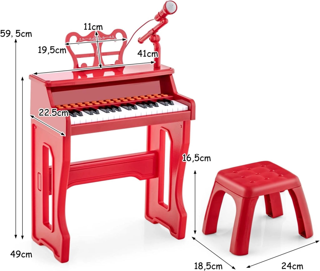 Pianola Bambini Musicale Tastiera, Tastiera Digitale a 37 Tasti, Mini Tastiera per Bambini con Effetti Luminosi e Microfono, Strumenti Musicali con Sgabello, 22 Battiti/8 Toni/8 Ritmi, Rosso