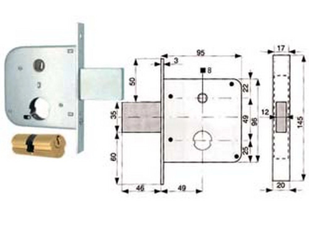 2pz serratura infilare cancelli catenaccio scrocco + quadro cilindro tondo 134 cod:ferx.fer50777