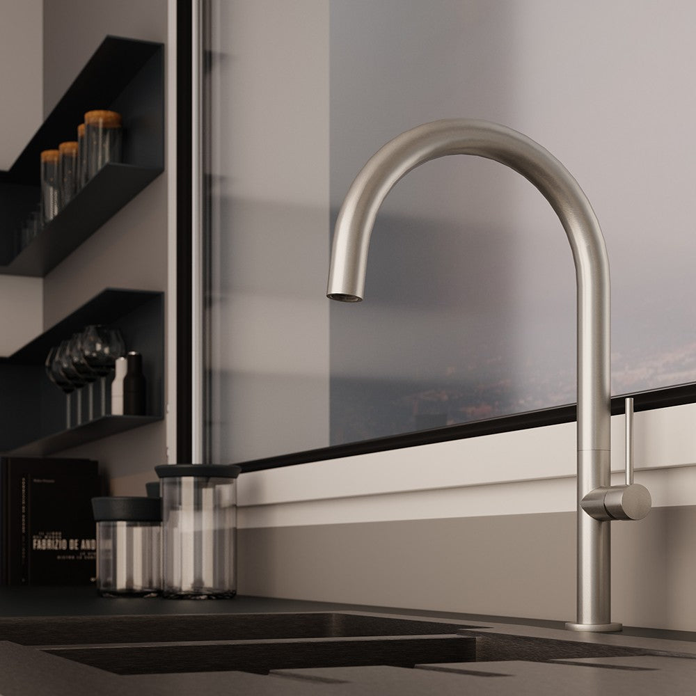 Miscelatore lavello bocca alta in acciaio spazzolato con risparmio acqua – Serie Detroit