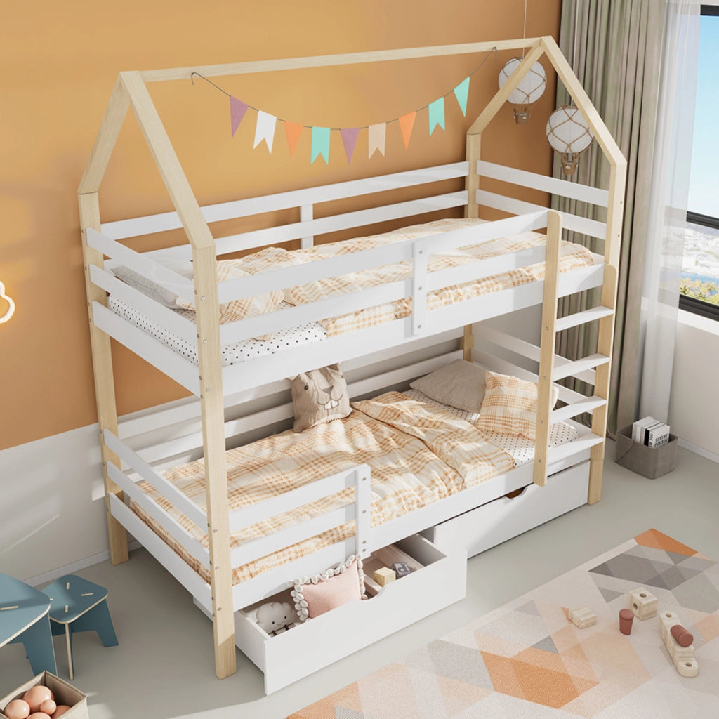 Letto a casetta per bambini 90x200 cm in legno di pino, con grandi cassetti e rete a doghe, bianco e rovere