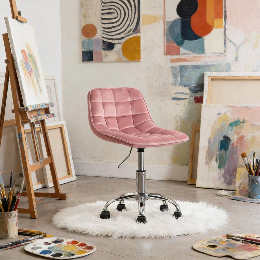 Sedia da scrivania rosa in velluto regolabile e girevole con ruote per comfort quotidiano